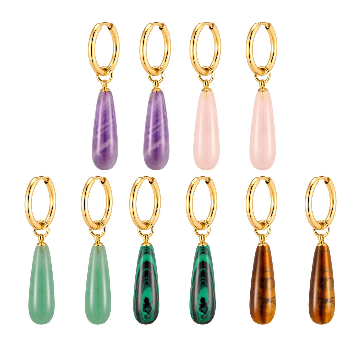 Natural Stone Teardrop Hoop Earrings — 5 Gemstones