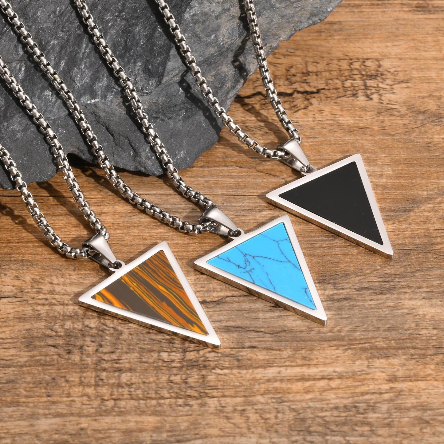 Stainless Steel Triangle Natural Tiger's Eye Stone Black Agate Pendant Necklace Men's