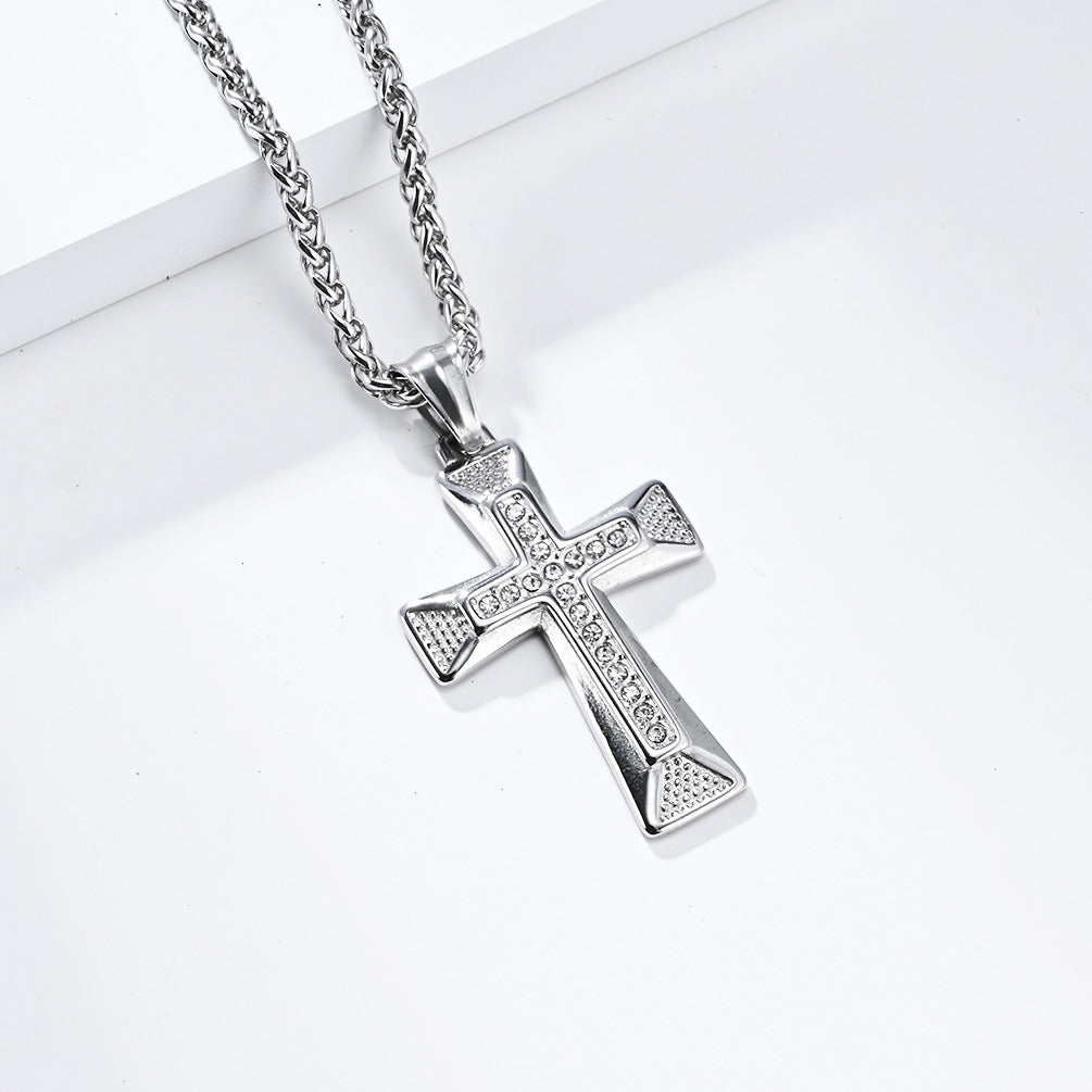 Amazon European and American Zircon Stainless Steel Cross Necklace
