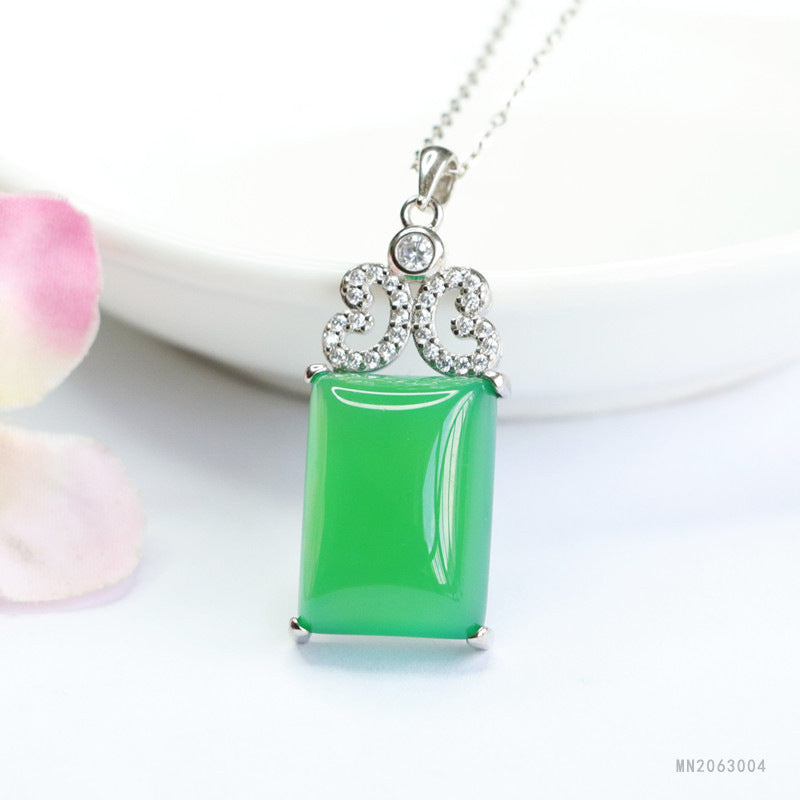 Green Chalcedony Peace Plaque Silver Pendant — No Chain