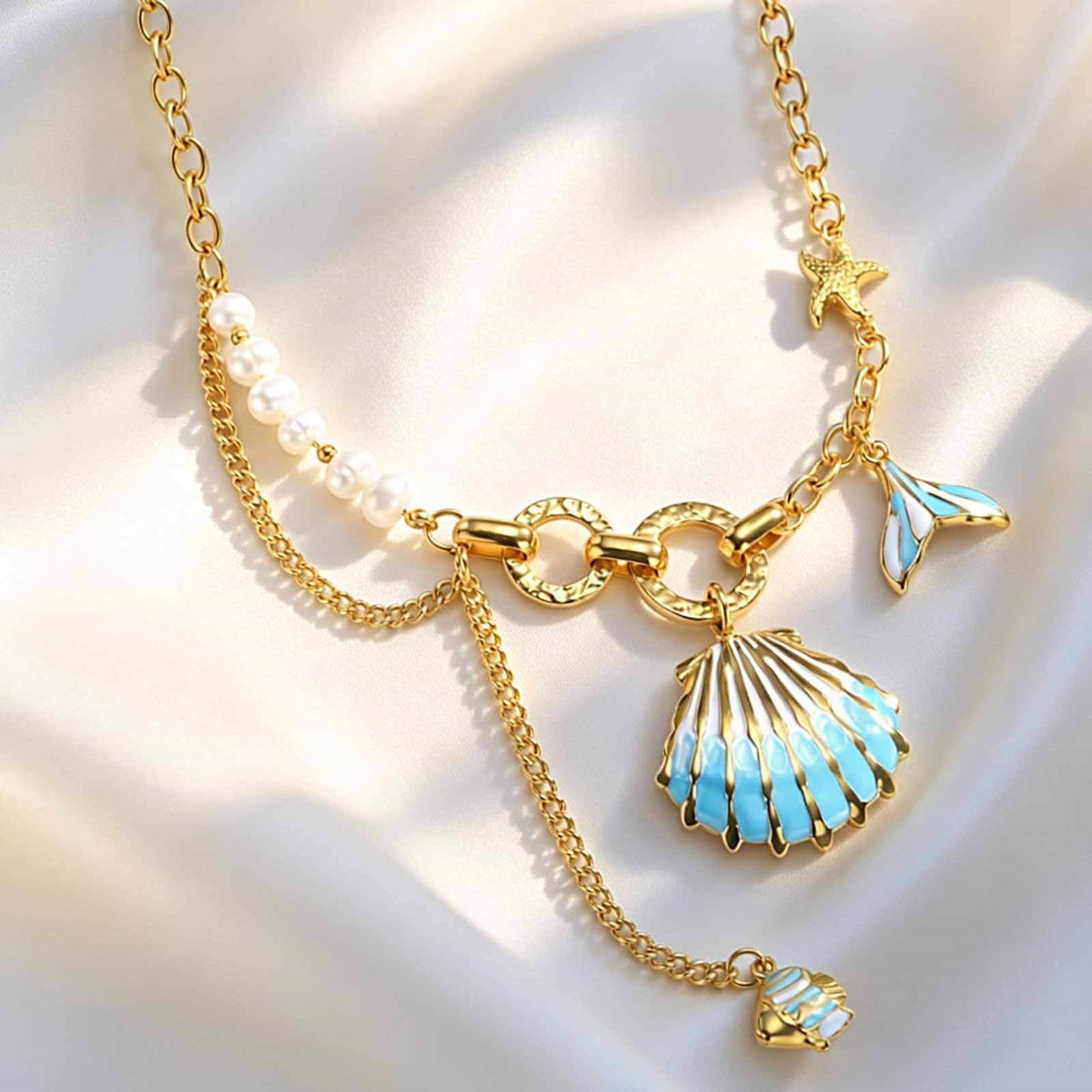 Ocean Vacation Stainless Steel Epoxy Blue Shell Small Fish Starfish Imitation Pearl Necklace