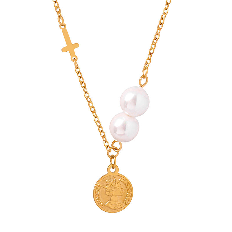 Golden Glow Pearl Necklace with Titanium Steel Pendant
