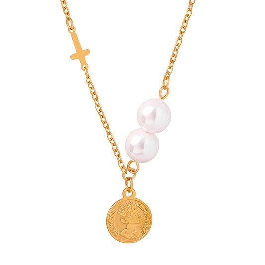 Golden Glow Pearl Necklace with Titanium Steel Pendant