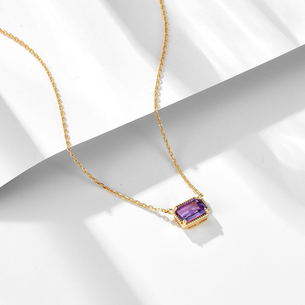 Rectangular Natural Amethyst Sterling Silver Necklace High-End Sense Decoration