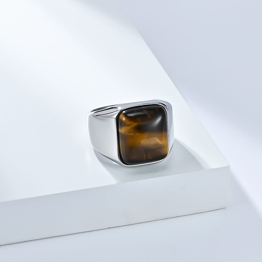 Planderful Men Tiger Eye Ring Natural Square Stone Stainless Steel Premium High End Jewelry