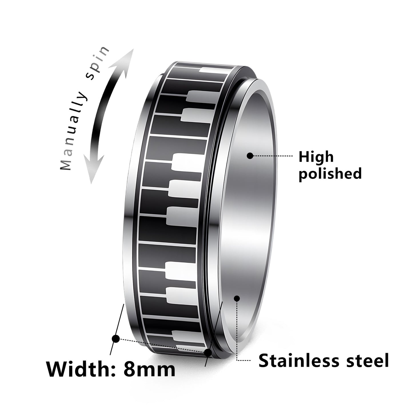 Planderful Everyday Genie Rotating Decompression Ring Titanium Steel Piano Key Pattern For Men Unisex