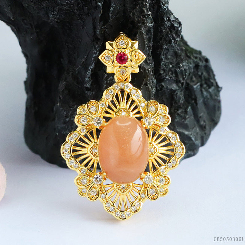 Orange Moonstone Openwork Leaf Pendant — No Chain