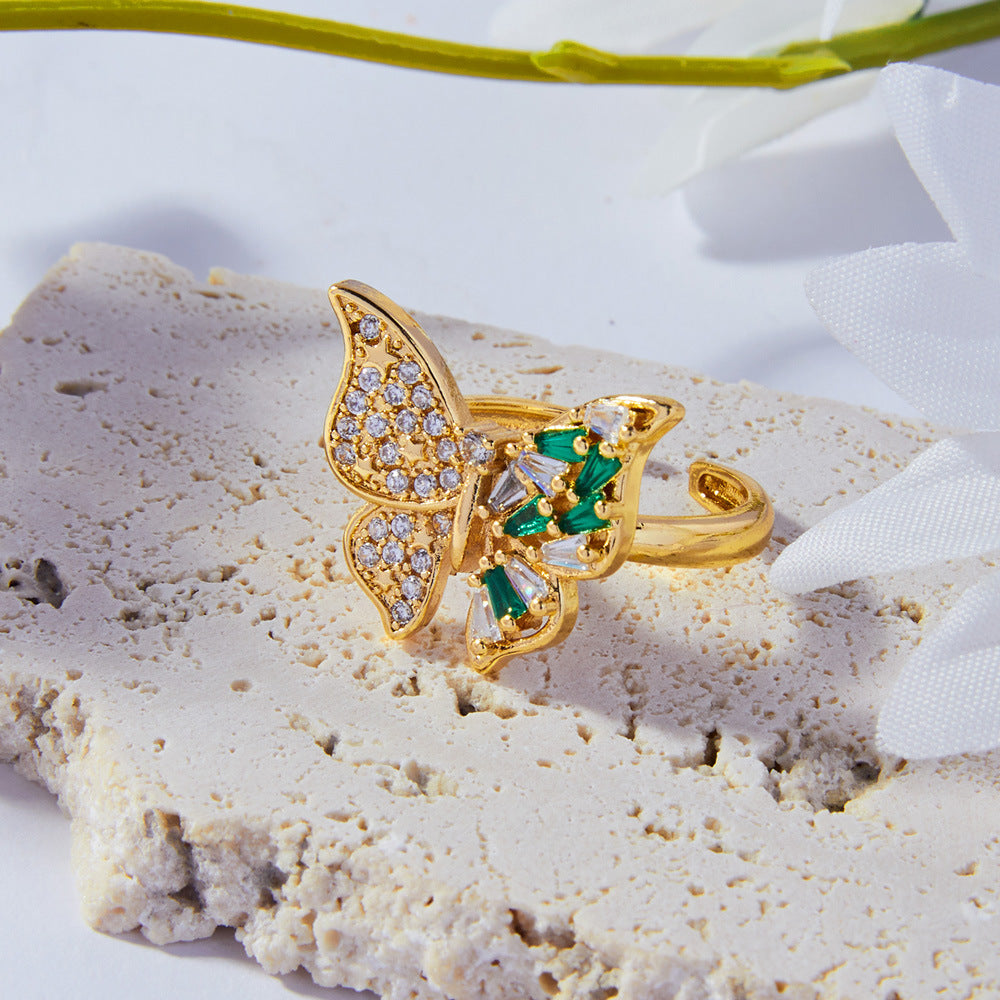 Elegant Korean Butterfly Glass Copper Ring