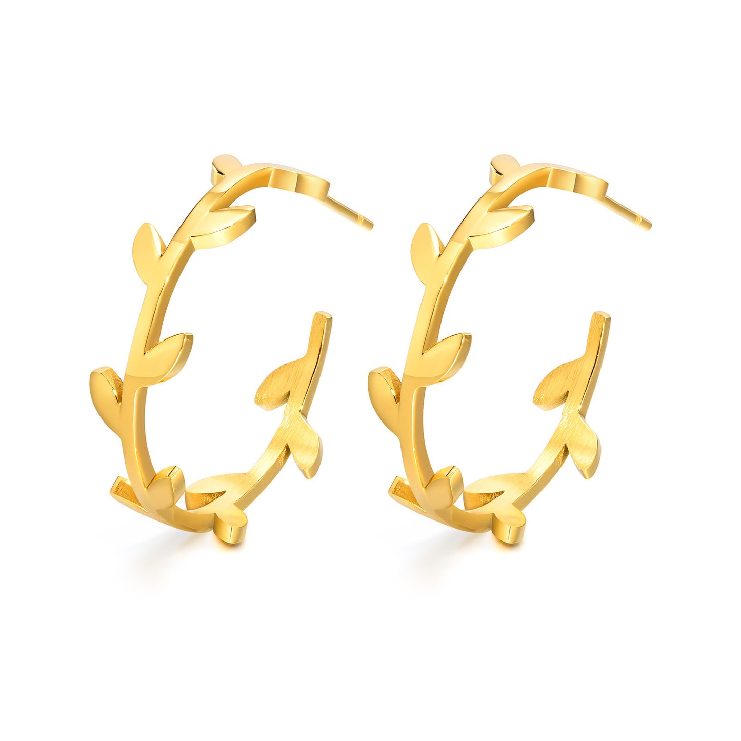 Stainless Steel Leaf C-Shaped Earrings Gold Women Jewelry