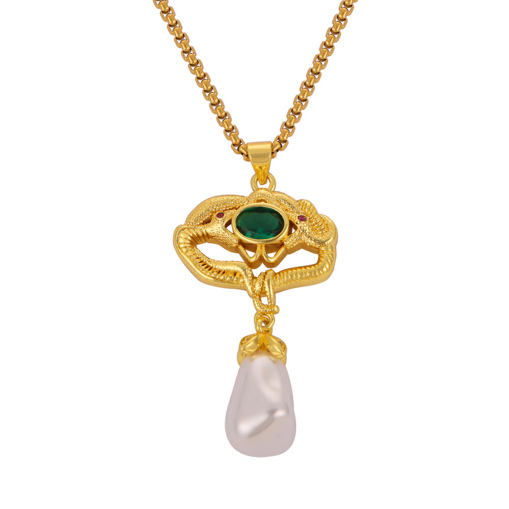 Opulent Copper Serpent Necklace with Pearl Pendant - Elegant Retro Palace Style Jewelry for Women