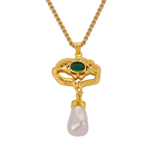 Opulent Copper Serpent Necklace with Pearl Pendant - Elegant Retro Palace Style Jewelry for Women