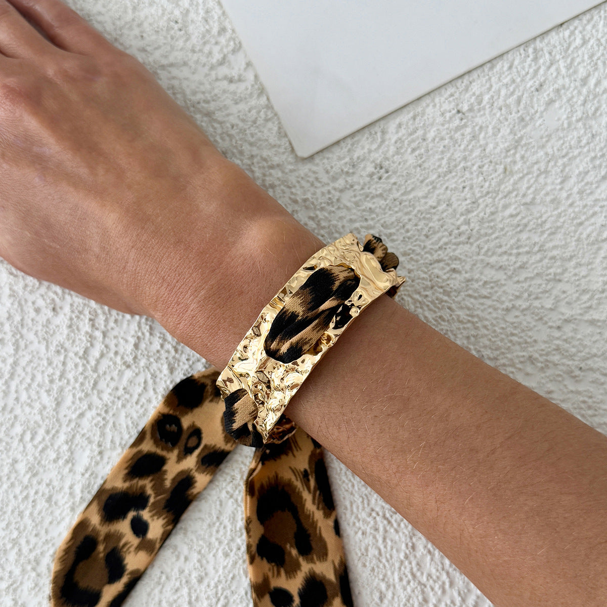 Planderful Collection Vienna Verve Bracelet For Women Hammer Pattern Wide Surface Opening Leopard Print Silk Scarf