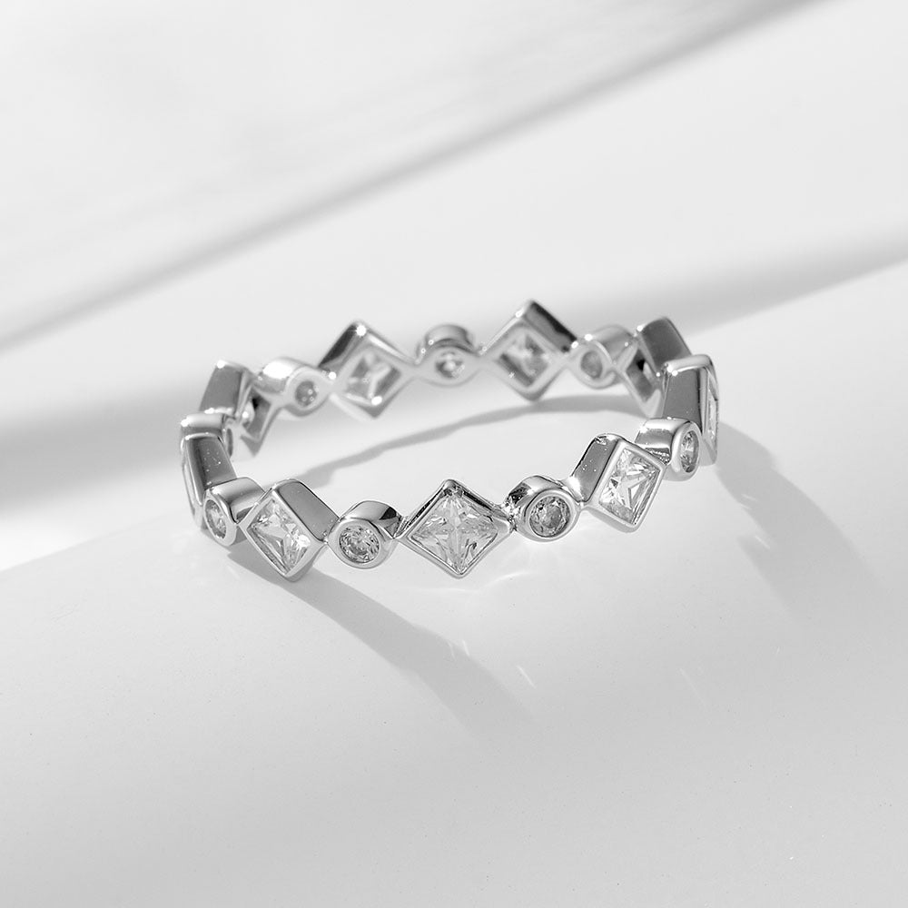 Geometric Rhombus Full Circle Zircon Sterling Silver Ring Tide Luxury Ring