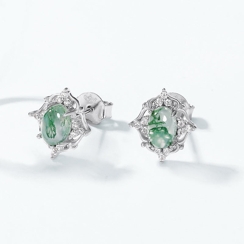 S925 Sterling Silver Moss Agate Openwork Stud Earrings