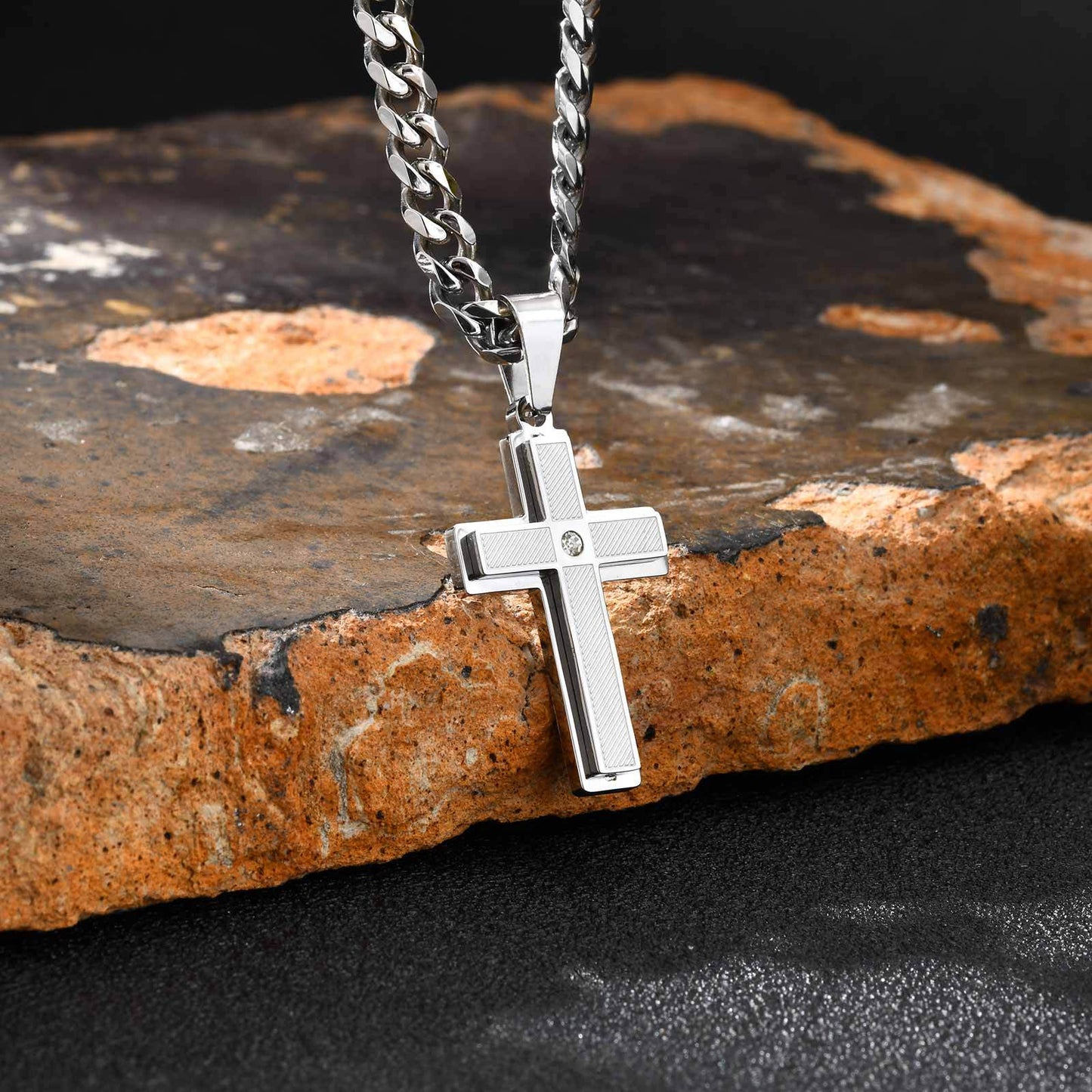 Planderful Stainless Steel Cross Pendant For Men Rhinestone