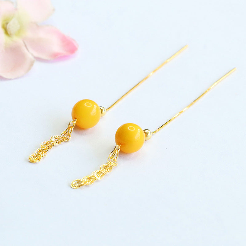 Yellow Beeswax Amber Wheat & Phoenix-Tail Threader Earrings