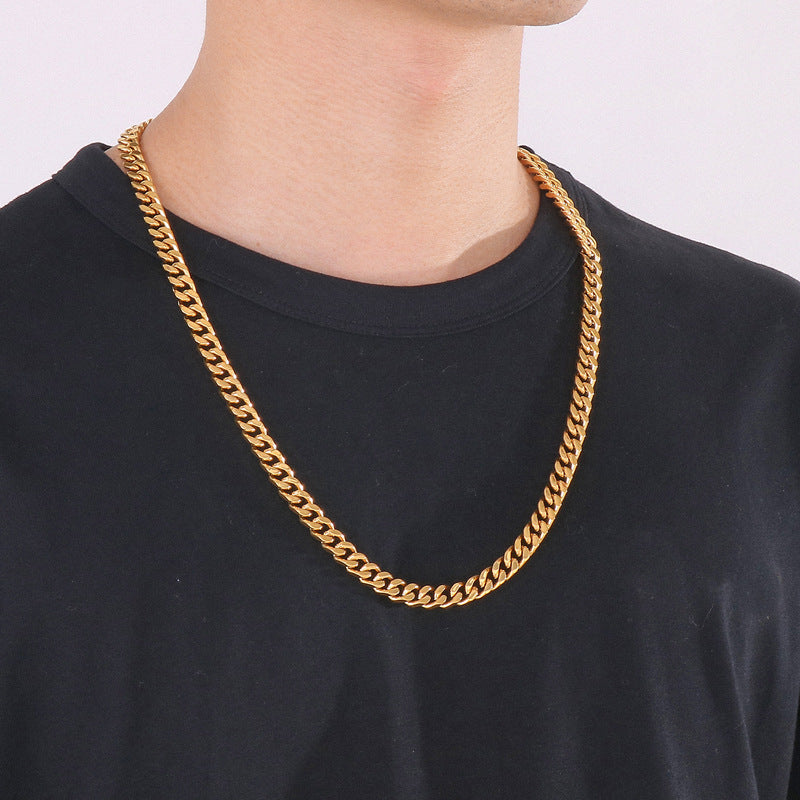 Stainless Steel Cuban Chain Bracelet, Rock Street Men's Vacuum Plated Four-Sided Grinding Square Necklace