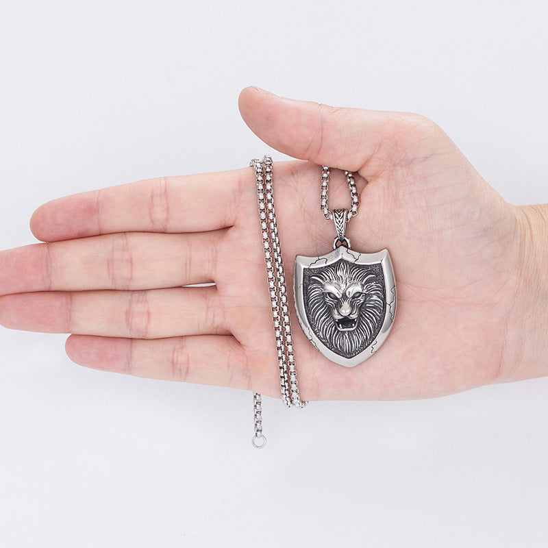 Steel Necklace - Vintage Unisex Lion Shield Pendant