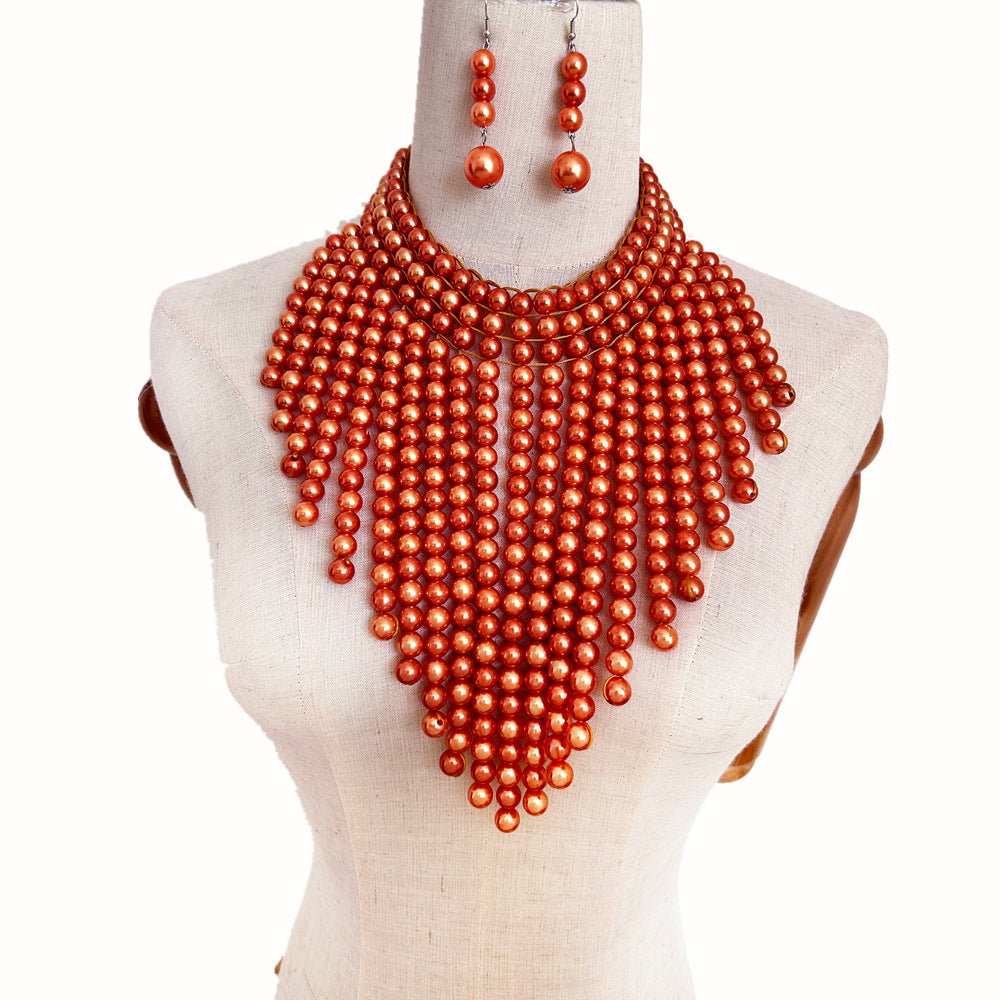 Exaggerated Triangular Scarf Necklace with Multi-layer Tassels and Imitation Pearl Accents
