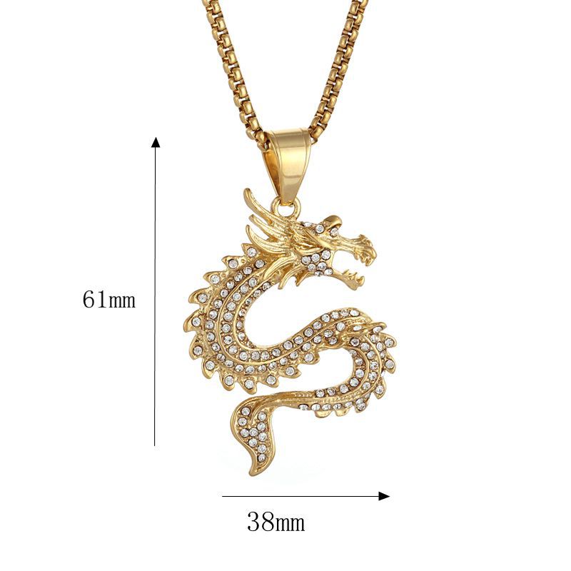 Dragon Zodiac Pendant Necklace Titanium Steel Gold Plated Zircon by Planderful Everyday Genie for Hip Hop Fans