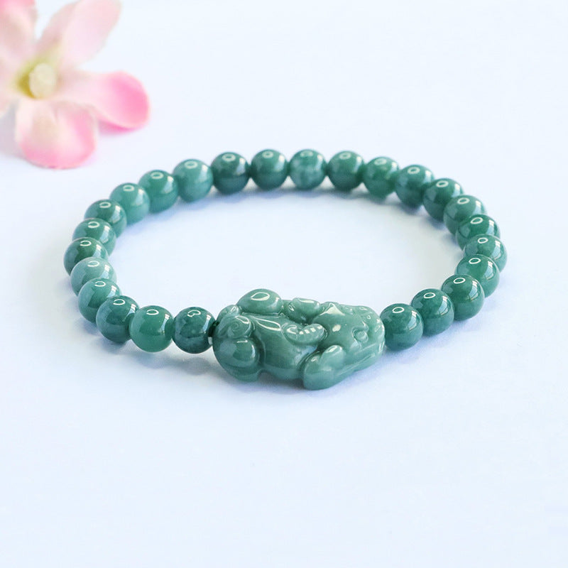Blue Water Jadeite Pixiu & Round Bead 6 mm Bracelet