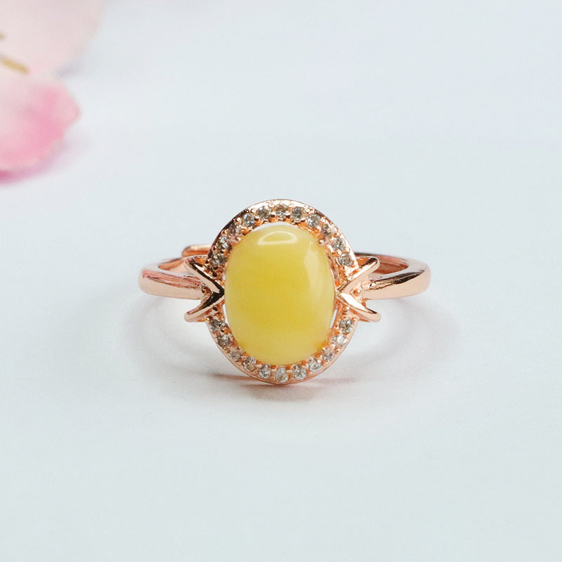 Golden Halo Adjustable Ring with Beeswax Amber Gem