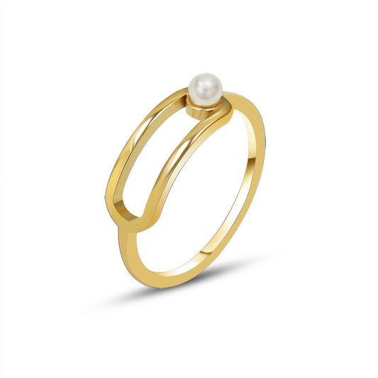 Personalized Geometric Gold-Plated Ring with Imitation Pearl