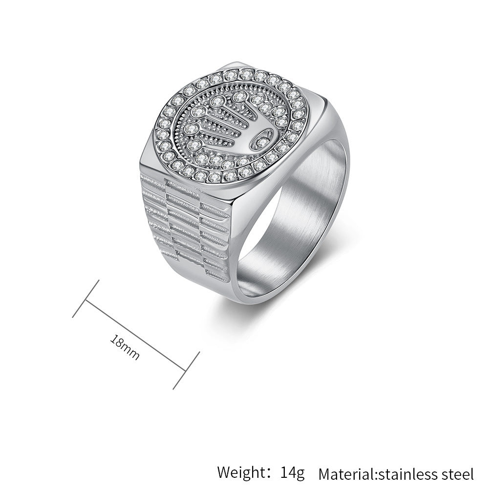 Planderful Titanium Steel Crown Ring For Men Zircon Inlaid Domineering Hip Hop Style