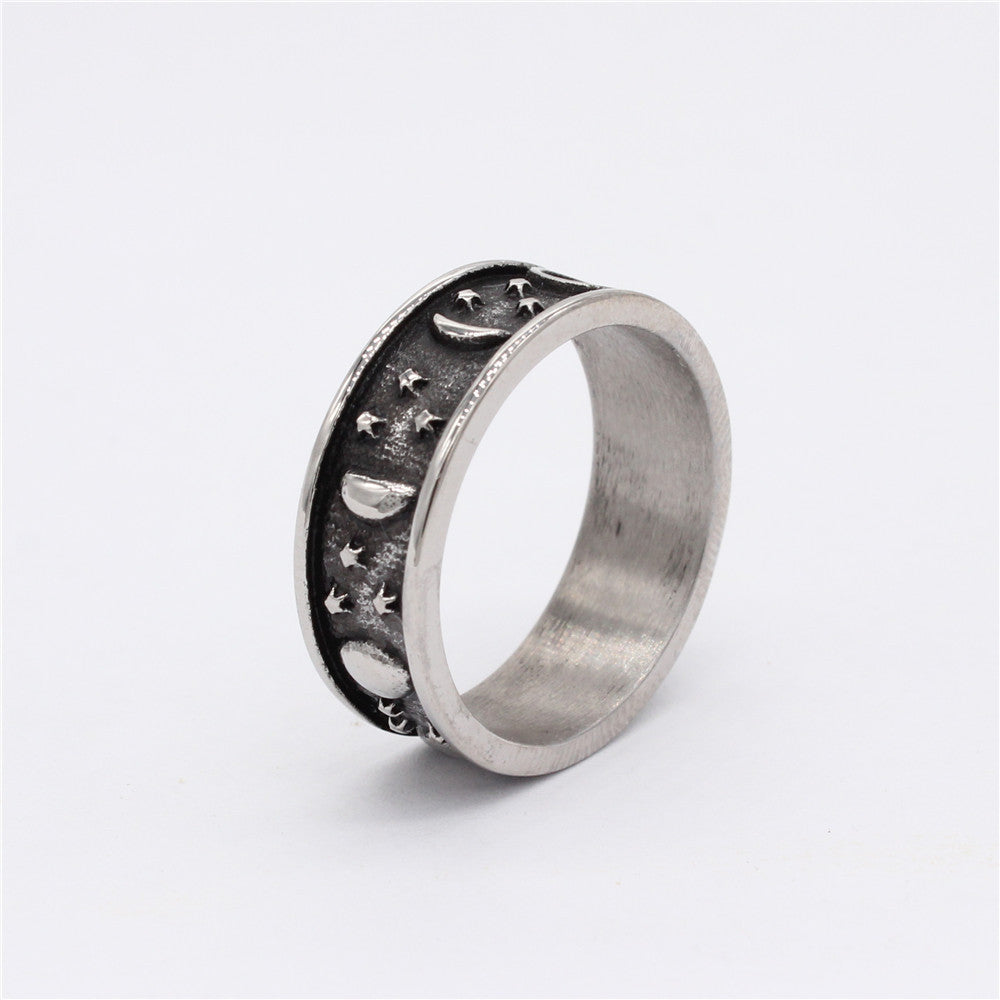 Vintage Star and Moon Titanium Steel Ring