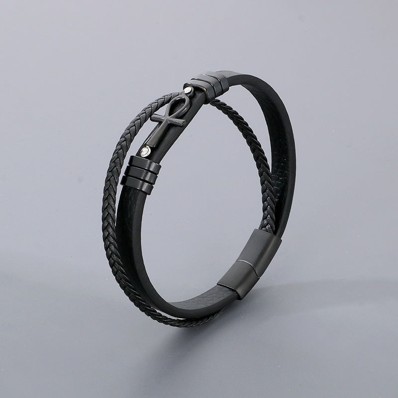 Multi-Layer Woven Leather Magnetic Buckle Stainless Steel Anka Symbol Cross Men's Bracelet