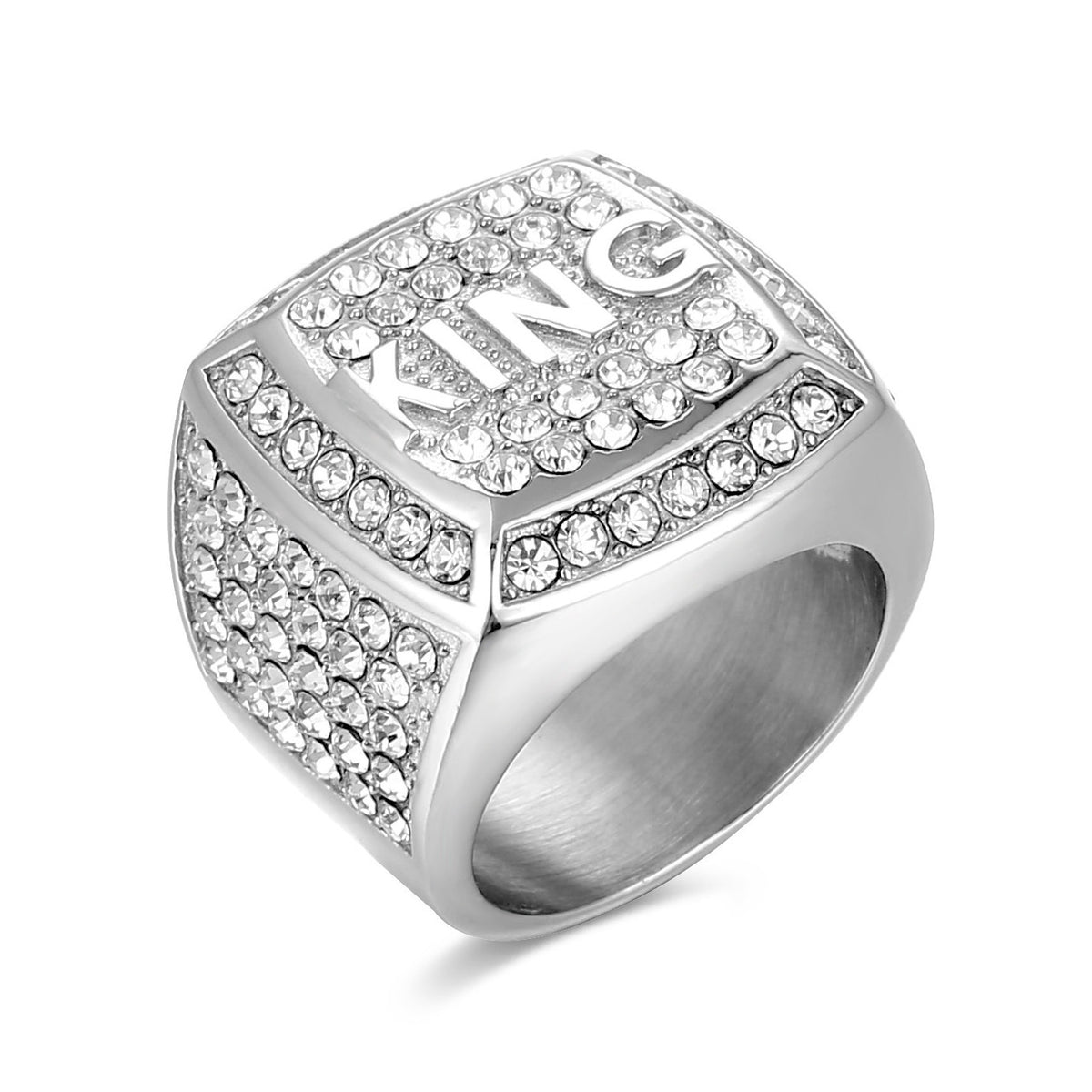 Planderful Hip Hop Ring King Unisex Stainless Steel Gold Plated Zircon Jewelry Protection Statement
