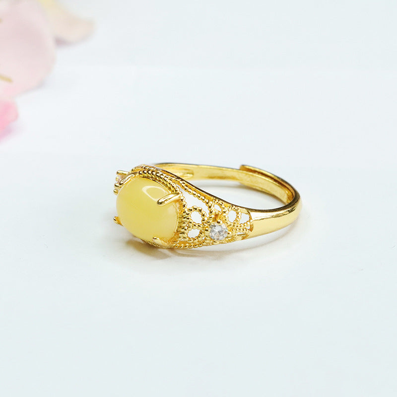 Hollow Ring Crafted from Sterling Silver and Beeswax Amber