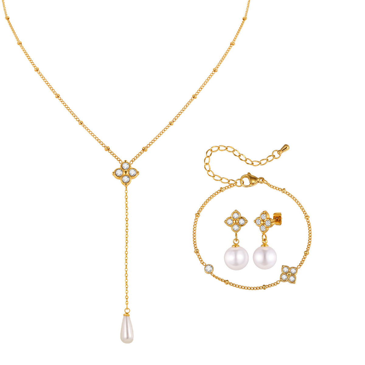 Stainless Steel Four-Leaf Clover Pearl Earrings Women's Necklace