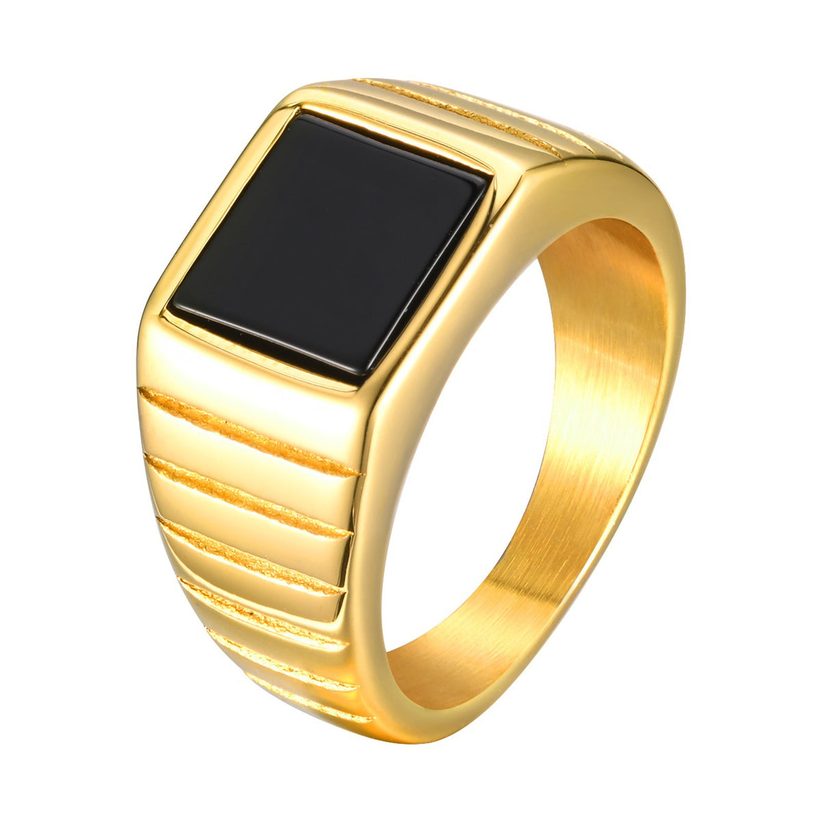 Unisex Neutral Stainless Steel Square Black Agate Gold Ring