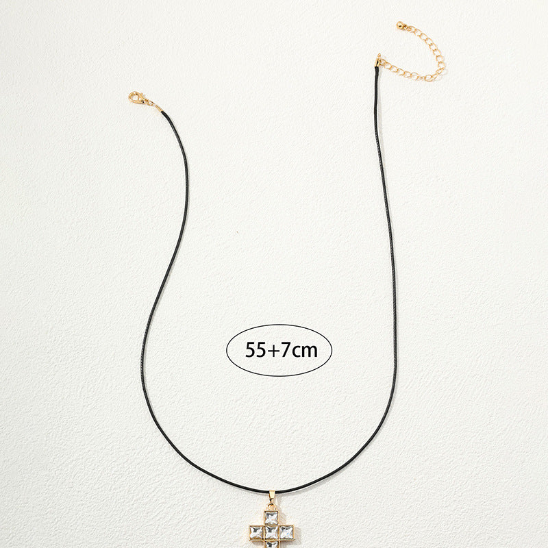 Retro Black Leather Rope Glass Cross Necklace for Women