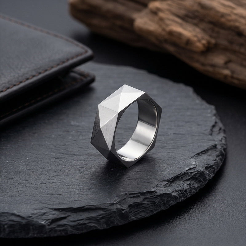 Geometric Design Three-Dimensional Ring, 8mm Rhombus Cut Stainless Steel Ring Men's