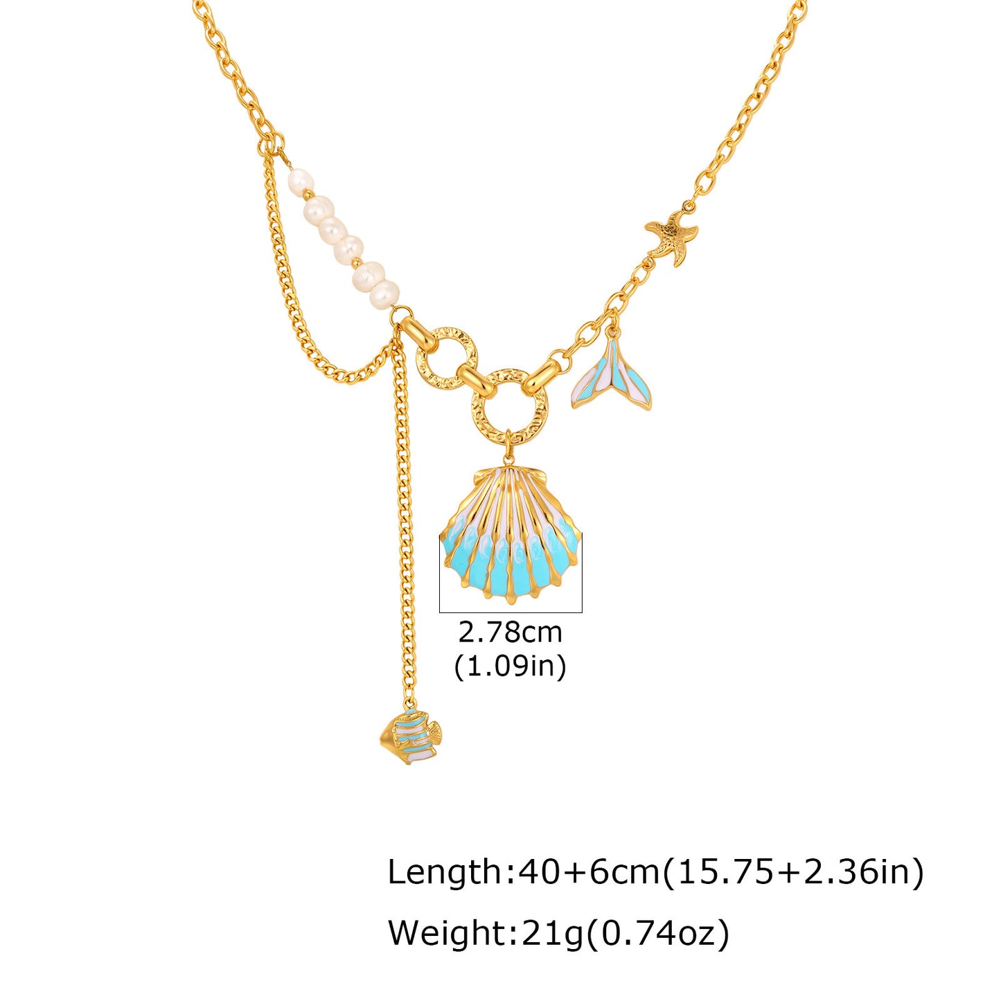Ocean Vacation Stainless Steel Epoxy Blue Shell Small Fish Starfish Imitation Pearl Necklace