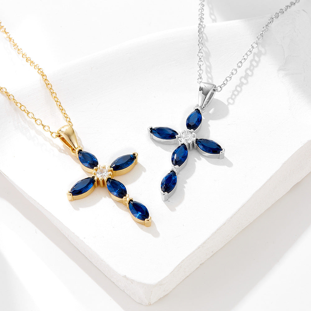 Elegance And Luxurious Full Zircon Cross Sterling Silver Necklace, Blue Pendant