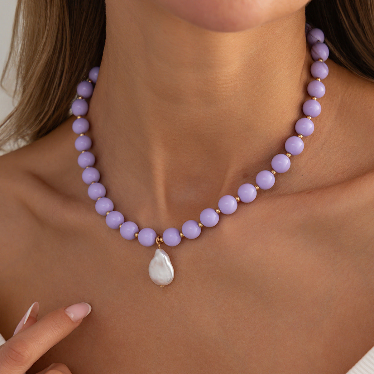 Colored Round Beads Pearl Necklace Dopamine Beaded Holiday Wind Necklace