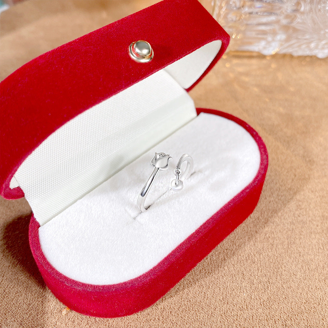 S925 Sterling Silver Freshwater Pearl Rose Ring — Adjustable