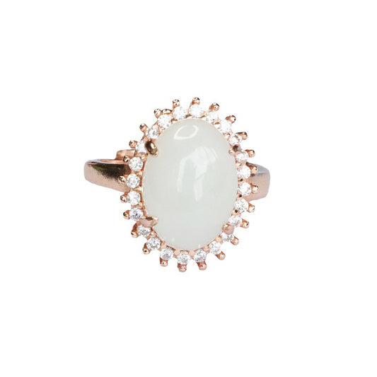 Elegant Oval White Jade Ring with Zircon Halo
