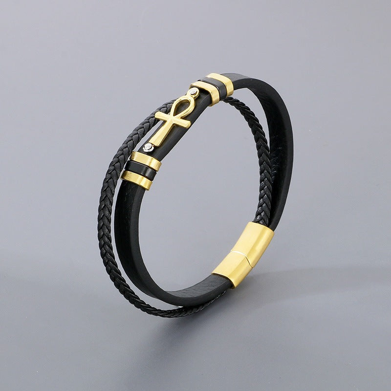 Multi-Layer Woven Leather Magnetic Buckle Stainless Steel Anka Symbol Cross Men's Bracelet
