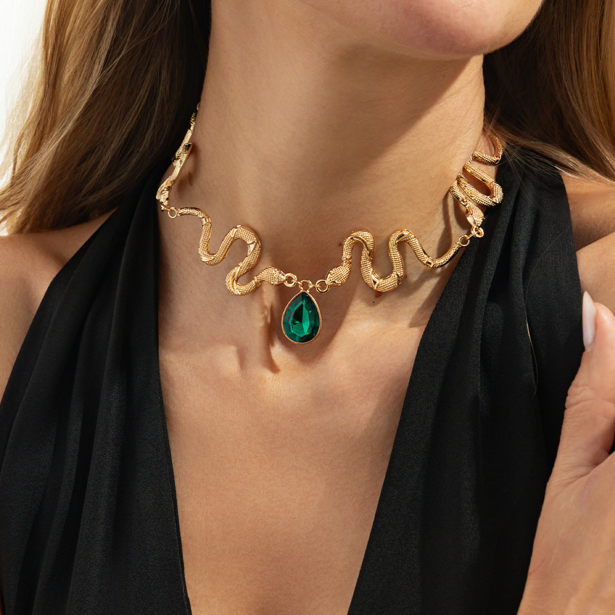 Serpentine Splicing Water Drop Gem Necklace Punk Sweet Cool Curved Geometric Collar