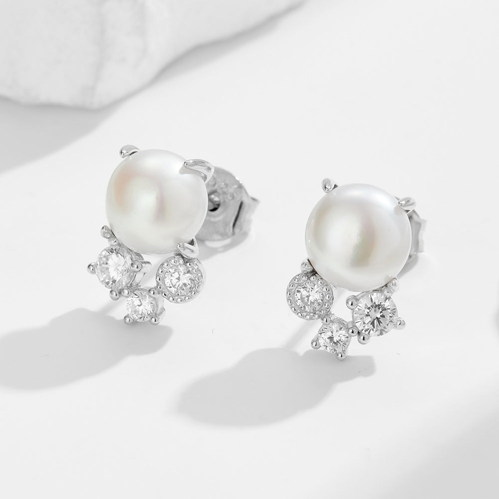 S925 Sterling Silver Natural Freshwater Pearl Stud Earrings Retro Zircon Earrings