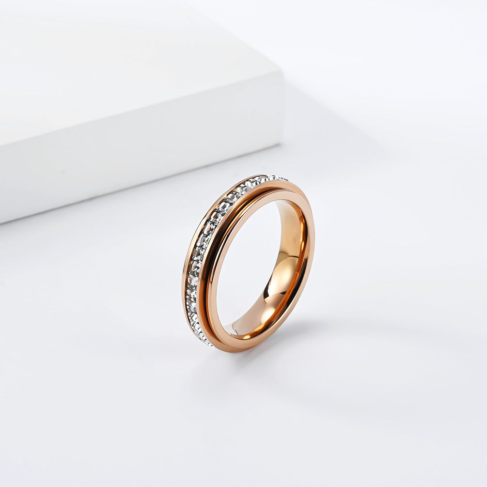 Rotatable Square Full Zircon Stainless Steel Ring Women's 18k Gold Stress-Relief