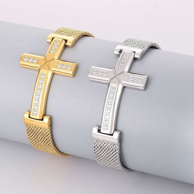Planderful Men Titanium Steel Bracelet Zircon Cross Hip Hop