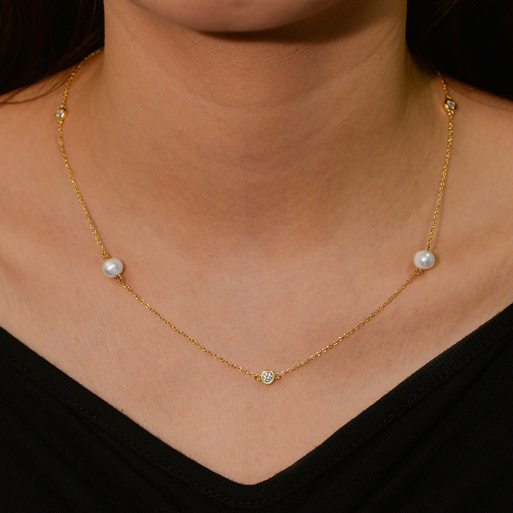 Sterling Silver Natural Freshwater Pearl Necklace Zircon