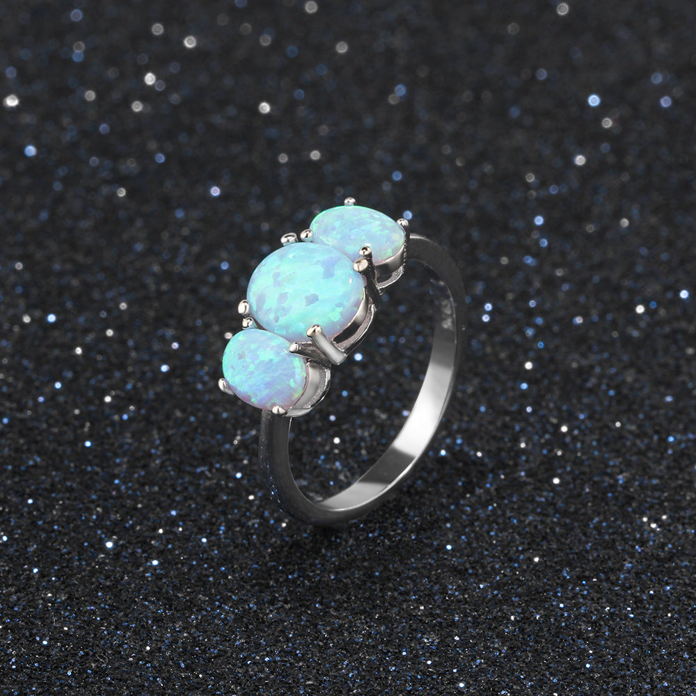 Planderful Jewelry Three Blue Oval Opal Ring In Sterling Silver S925 For Elegant Everyday Style