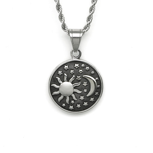 Steel Necklace – Vintage Sun Moon Stars Pendant For Everyday Style By Planderful Collection