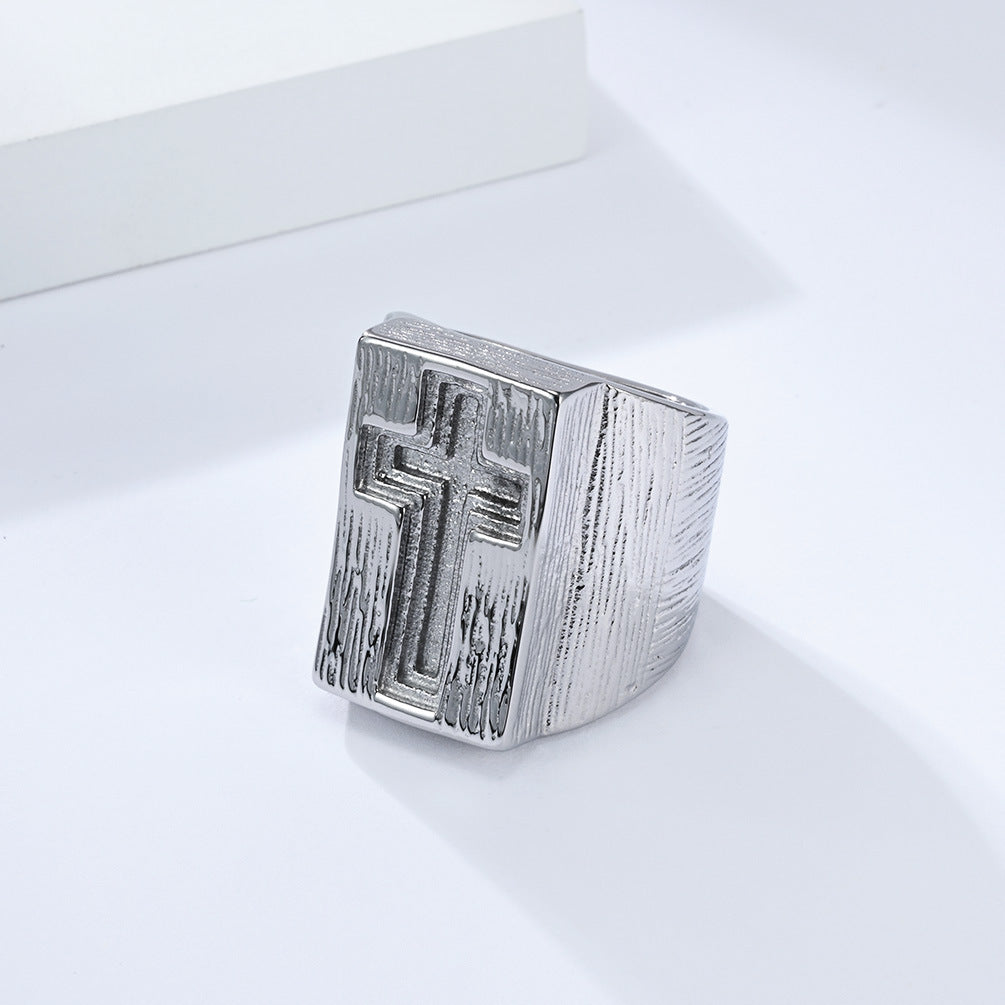 Planderful Titanium Steel Ring For Men Retro Cross Design Hip Hop Punk Niche Style Durable Dominant Finger Jewelry